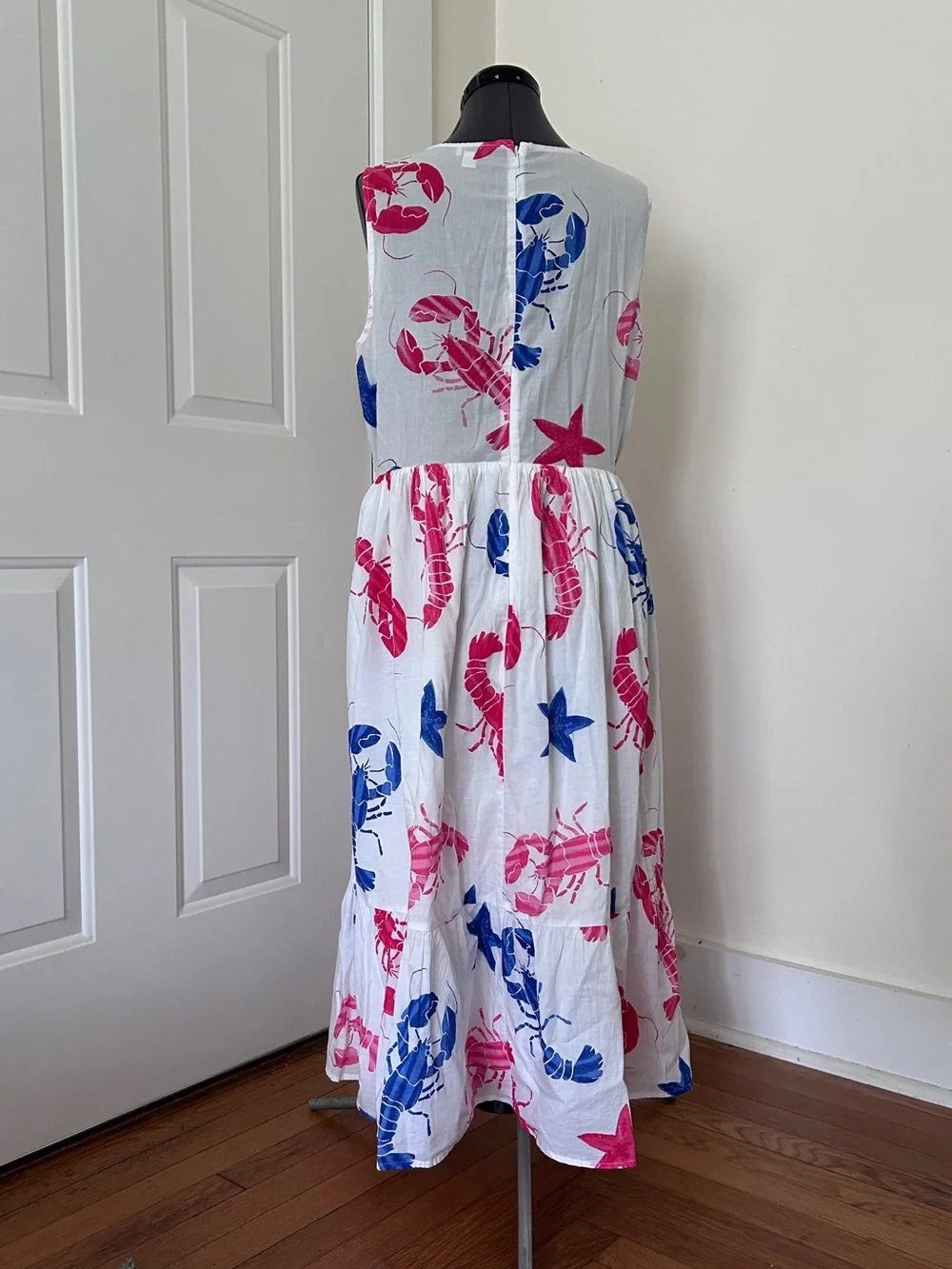 J. Crew White Maxi Dress with Pink & Blue Lobster Sea Life Print